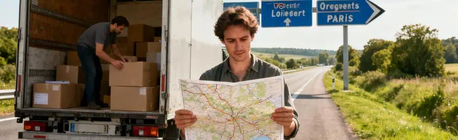 Personne planifiant un déménagement longue distance sur route à proximité d'Orléans et Paris dans le Loiret.