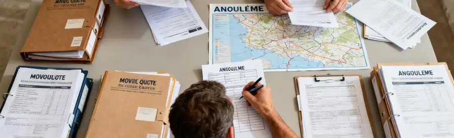 Homme remplissant un formulaire pour obtenir des offres de déménagement à Angoulême, ambiance de travail organisée.