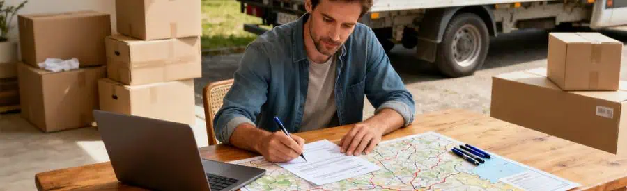 Demande Offres Demenagement Ardennes Homme complétant un formulaire pour déménagement dans les Ardennes, ambiance calme et organisée.