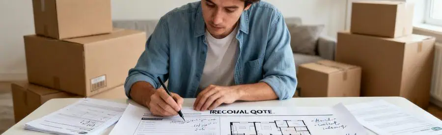 Personne remplissant un formulaire pour des offres de déménagement à Chaumont, entourée de documents et de cartons.