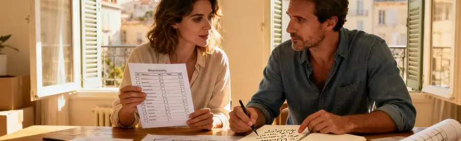 Couple comparant plusieurs offres de déménagement à Marseille 10ème, autour d'une table avec des documents.