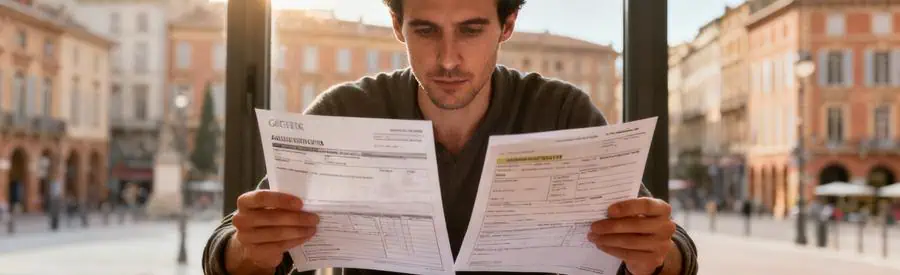 Personne organisant des documents administratifs pour le changement d'adresse à Toulouse, ambiance dynamique.