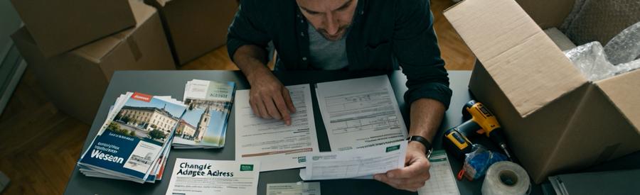 Homme comparant des documents pour les démarches administratives liées à son déménagement à Vienne.