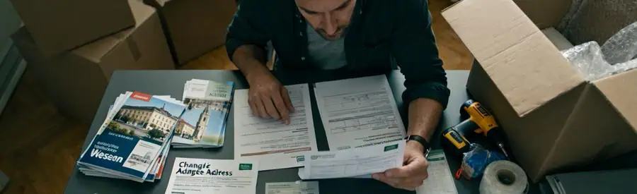 Homme comparant des documents pour les démarches administratives liées à son déménagement à Vienne.
