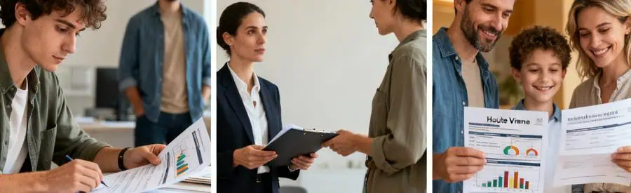 Personnes examinant des documents d'aides financières pour déménagement en Haute-Vienne.