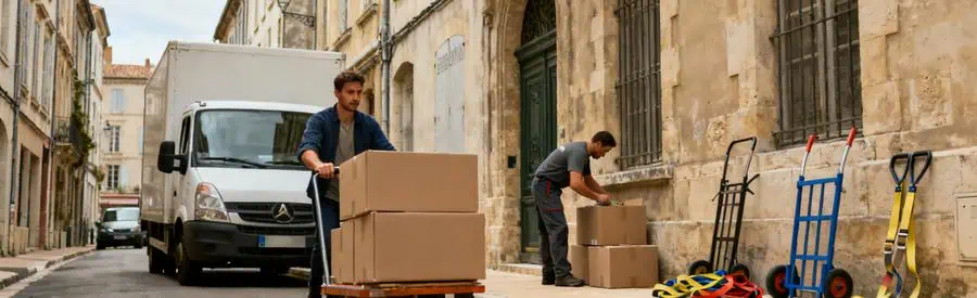 Demenagement Agence Monte Meuble Agen Conducteur manœuvrant un monte-meuble à Agen, déménageur préparant des cartons dans une rue étroite.
