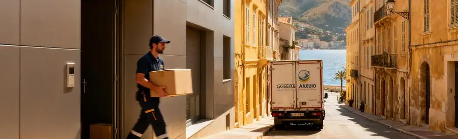 Déménageur professionnel en action dans une rue étroite d'Ajaccio, camion stationné devant un immeuble moderne.