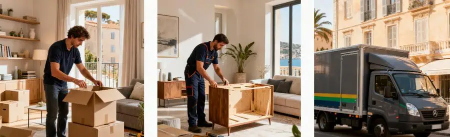 Illustration de différentes formules de déménagement à Ajaccio, mettant en avant l'emballage et le démontage.