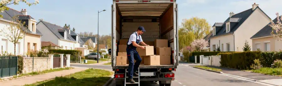 Un déménageur chargant des cartons depuis un camion en périphérie d'Alençon, illustrant les spécificités pratiques.