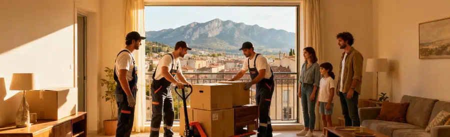 Déménageurs au travail dans un appartement sans ascenseur à Alès, illustrant les défis d'un déménagement local.