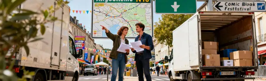 Personnes discutant des aspects logistiques d'un déménagement à Angoulême pendant le festival de la bande dessinée.