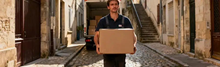 Déménageur portant un carton dans une rue étroite d'Angoulême, illustrant les contraintes logistiques locales.