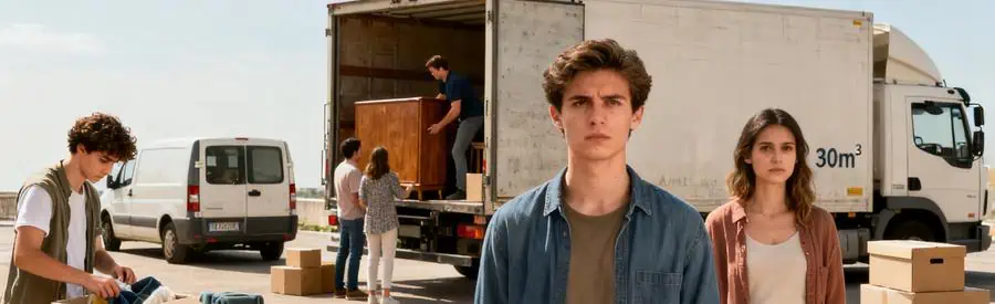 Demenagement Anthony Types Situations Scène de déménagement à Antony montrant un étudiant dans un studio et une famille chargée dans un camion.