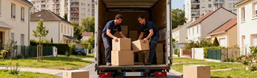 Demenagement Antony Residentiel Déménageurs professionnels chargeant des cartons dans un camion à Antony, quartier résidentiel en arrière-plan.