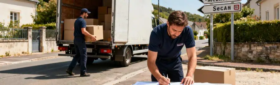Demenagement Ardennes 2 Professionnels Deux déménageurs dans les Ardennes, l'un chargeant un camion, l'autre planifiant les détails du déménagement.