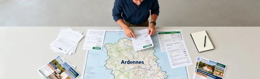 Demenagement Ardennes Comparaison Offres Personne examinant des offres de déménagement sur une table avec des documents et une carte des Ardennes.