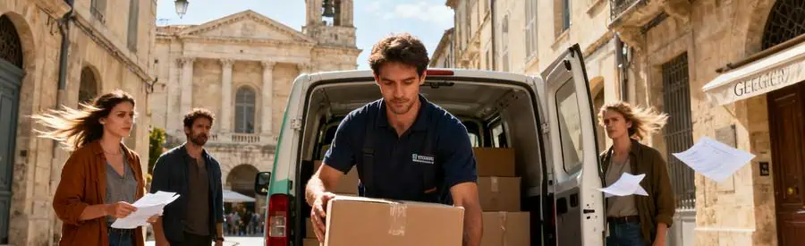 Déménageur chargeant un véhicule compact dans une rue étroite d'Arles, défi logistique adapté au patrimoine classé.