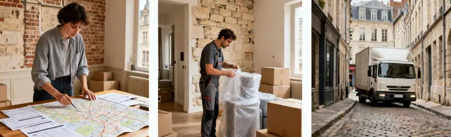 Illustration des spécificités logistiques d'un déménagement à Arras, montrant la planification et l'emballage dans le cadre historique.