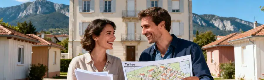 Hommes et femmes discutant devant un immeuble à Tarbes, plan urbain en main, sourires, cadre de vie séduisant.