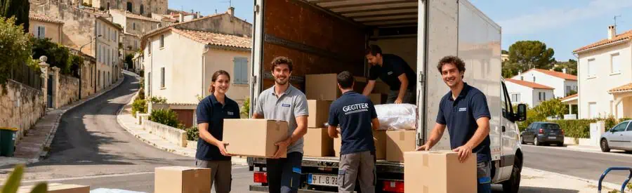 Déménageurs professionnels chargent des cartons dans un camion devant une maison typique de Béziers.
