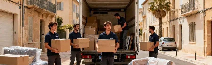 Déménageurs professionnels chargeant des cartons depuis un studio à Béziers, illustrant un déménagement efficace.