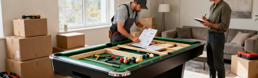 Demenagement Billard Professionnel Professionnel démontant un billard avec un assistant prenant des notes sur l'organisation du déménagement.