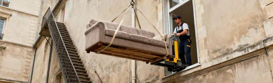 Déménageur utilisant un monte-meuble pour passer un canapé à Le Blanc-Mesnil, montrant une contraintes des immeubles anciens.