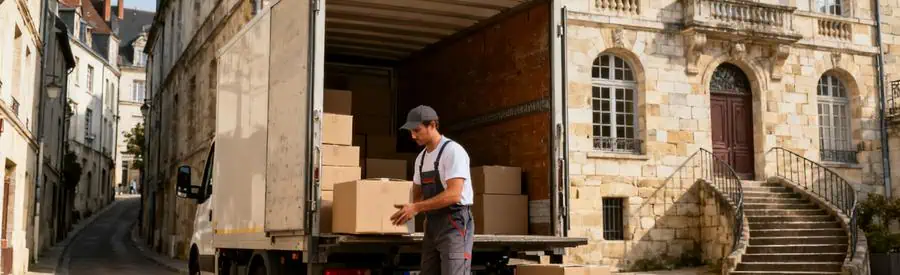 Demenagement Blois Camion Anciens Immeubles Déménageur chargeant des cartons dans un camion devant un immeuble ancien à Blois.