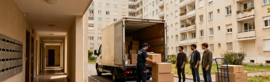 Déménageur professionnel chargeant des cartons près d'une résidence collective à Bobigny, illustrant les défis logistiques.