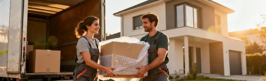 Deux déménageurs chargent un camion à Bondy, illustrant les services de déménagement local et longue distance.