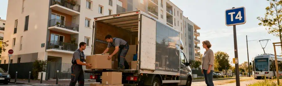 Déménagement à Bondy avec un camion devant un immeuble collectif, déménageurs en action et ambiance urbaine.