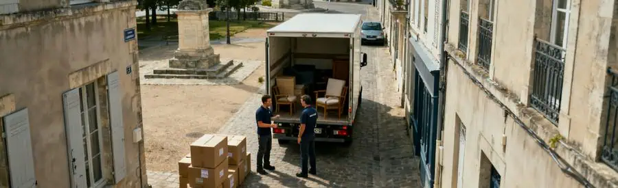 Déménageurs professionnels chargeant un camion dans une ruelle pavée de Boulogne-sur-Mer.