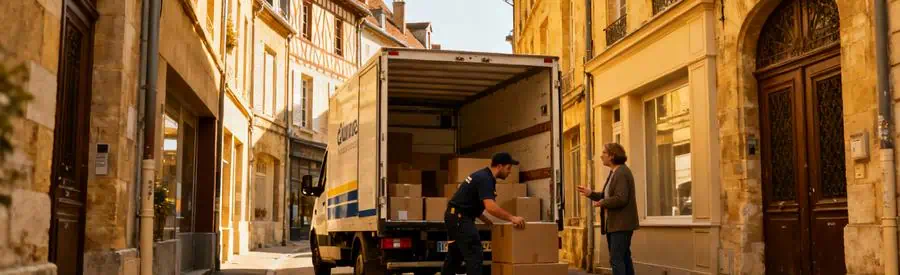 Déménageurs travaillant dans une rue étroite à Bourg-en-Bresse avec un camion.