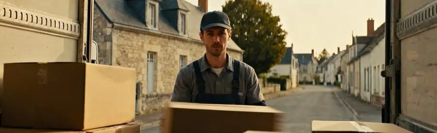 Demenagement Calvados Chargement Maison Déménageur professionnel chargeant des cartons dans un camion devant une maison typique du Calvados.