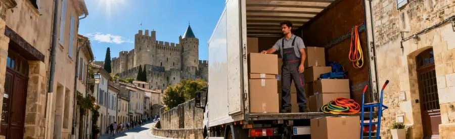 Déménageur chargé de cartons dans une rue étroite de Carcassonne, avec le château en arrière-plan.