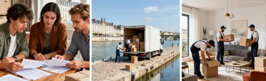 Triptyque montrant l'organisation d'un déménagement dans Centre-Val de Loire, avec documents, chargement et déménageurs.