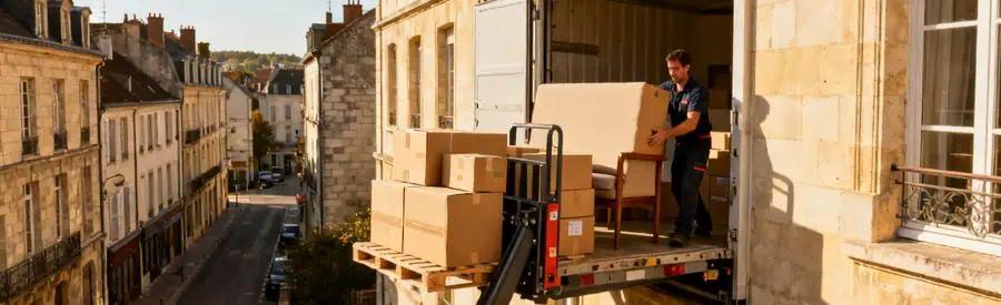 Déménageur utilisant un monte-meuble pour charger des cartons d'un immeuble à Chalon-sur-Saône.