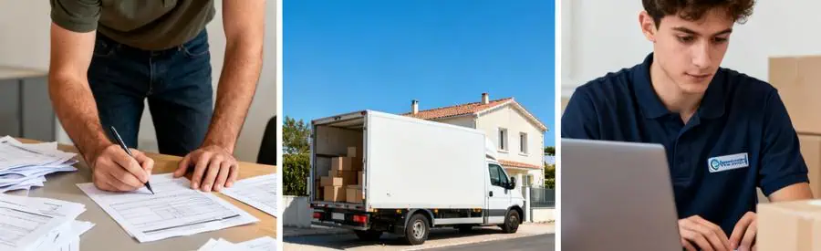 Trois scènes illustrant le processus de déménagement en Charente-Maritime : formulaire, analyse de demande, camion devant une maison.