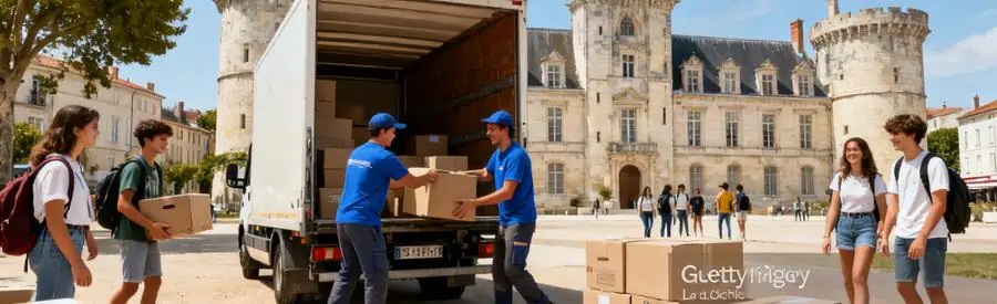 Déménageurs chargent des cartons devant un bâtiment de La Rochelle, illustrant la demande de déménagement dans la Charente-Maritime.