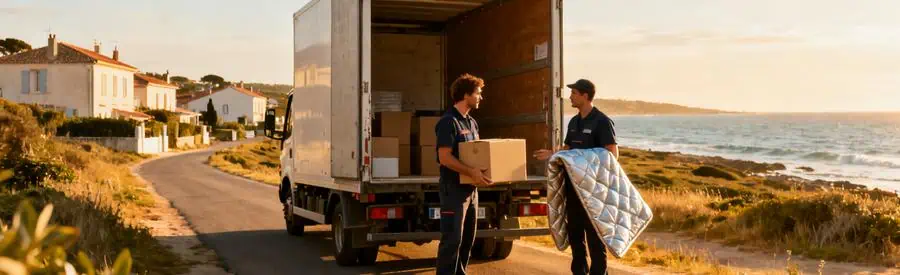 Déménageurs discutant des contraintes logistiques à Charente-Maritime avec vue côtière.