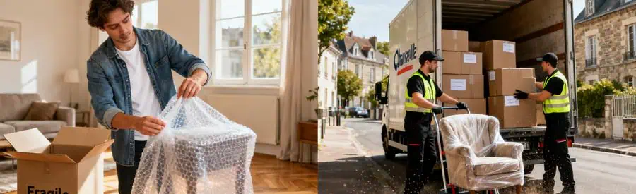 Demenagement Charleville Mezieres Formules Personne emballant des affaires et déménageurs chargeant un camion à Charleville-Mézières.