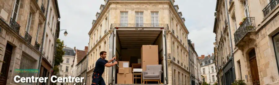 Demenagement Charleville Mezieres Monte Meuble Déménageur manœuvrant un monte-meuble dans les ruelles de Charleville-Mézières pendant un déménagement.
