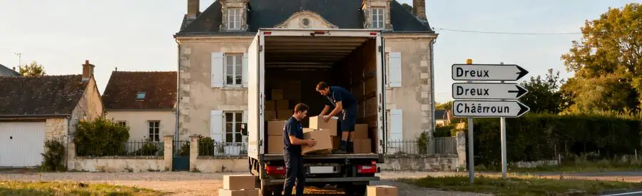 Camion de déménagement devant une maison de Chartres, déménageurs chargeant cartons, ambiance professionnelle.