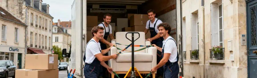 Déménageurs professionnels chargeant un camion à Chartres, illustrant les services de déménagement.