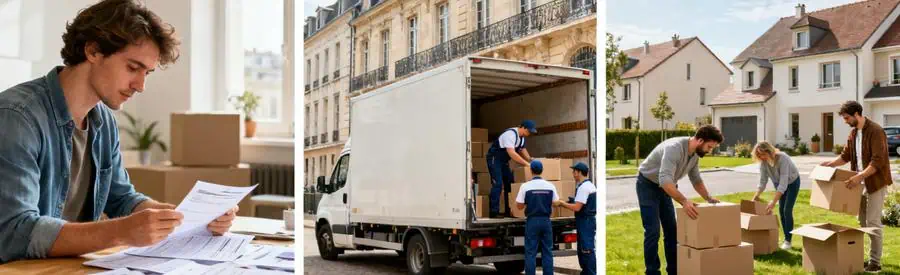 Triptyque illustrant le déménagement à Chartres avec comparaison d'offres et scènes de chargement et déballage.