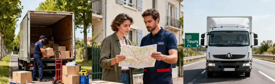 Illustration des choix de déménagement local et longue distance depuis Châteauroux avec déménageurs et camion.