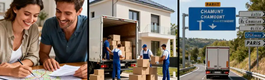 Scènes de déménagement depuis Chaumont : planification, chargement dans camion et itinéraire vers Paris.