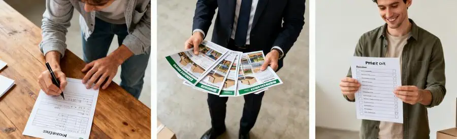 Composition d'une personne remplissant un formulaire, examinant des offres et consultant une checklist, pour le déménagement dans le Cher.