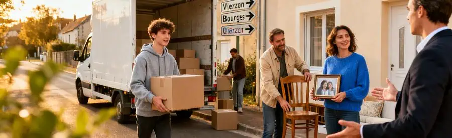 Étudiant chargeant des cartons dans un camion, famille organisant des biens, déménagement dans le Cher.