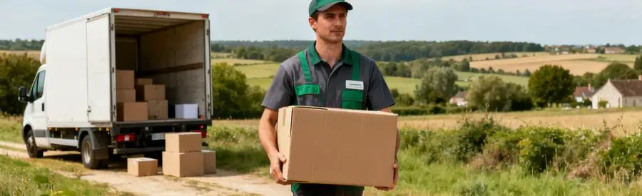 Déménageur professionnel organisant le chargement de cartons dans un environnement rural du Cher.